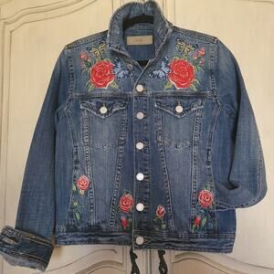 Blank NYC Floral Rose Butterfly Embroidered Distressed Denim Jean Jacket✨️XS